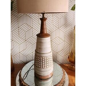 Vintage Mid Century Modern Ecru Gold Brown Diamond Pattern Ceramic Table Lamp